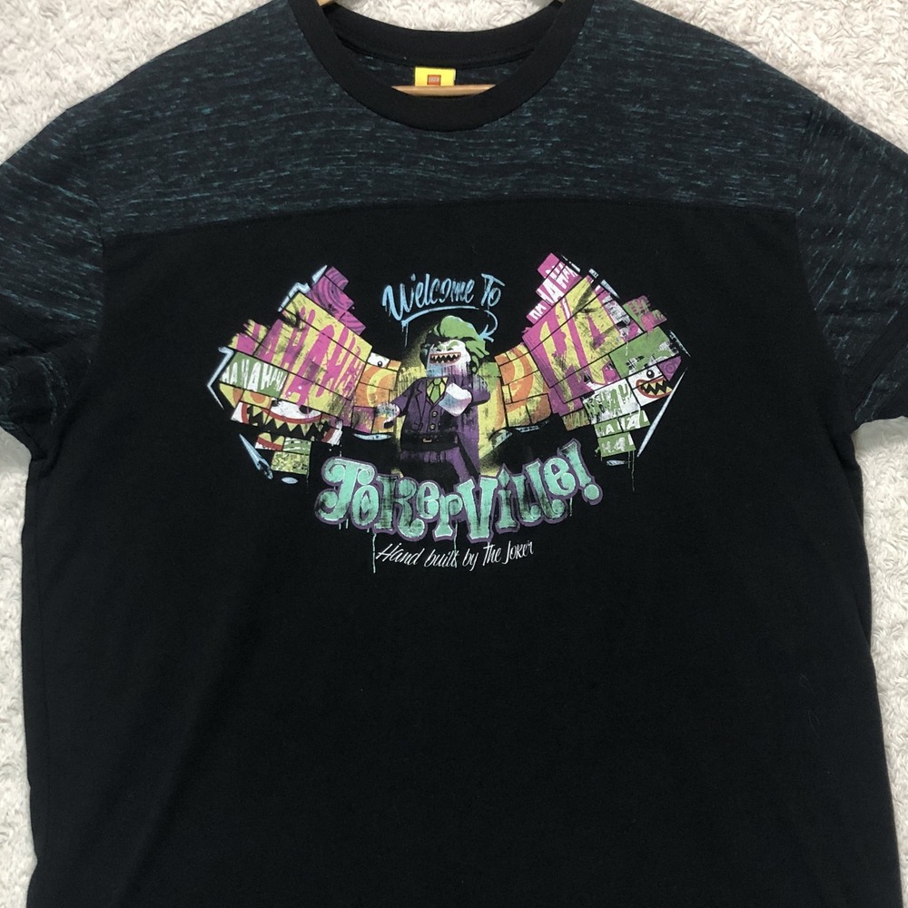 Lego Batman Movie Joker Mens XL T-Shirt Black Teal Space Dye Jokerville‎ Graphic